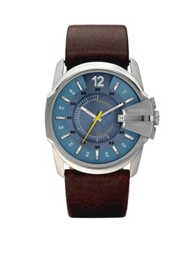 Diesel Men's Analog Round Blue Dial and Brown Leather Strap Watch