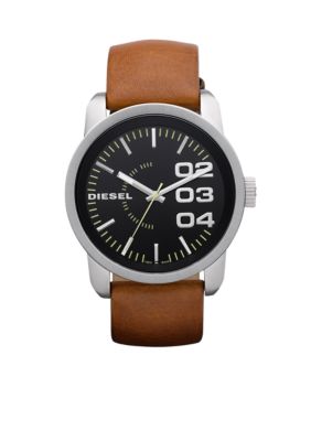Diesel Men's Analog Round Black Dial with Brown Leather Strap Watch
