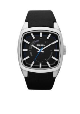 Diesel Black Leather and Silver Tone Stainless Steel Three Hand Watch