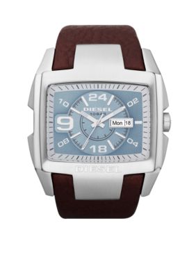 Diesel Men's Analog Stainless Steel Square Brown Leather Strap Watch