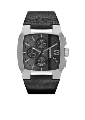 Diesel Black Leather and Gunmetal Stainless Steel Chronograph Watch