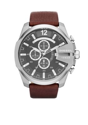 Diesel Men's Silver-Tone Stainless Steel and Brown Leather Chronograph Watch