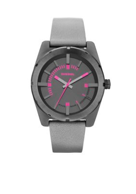 Diesel Ladies Grey Leather and Grey Stainless Steel Three-Hand Watch