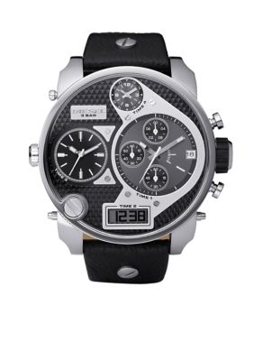 Diesel Men's XL Stainless Steel Black Chronograph Dual Digital / Analog Dial with Black Leather Strap
