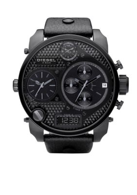 Diesel Men's Digital-Analog Black Round Chronograph Dial with Black Leather Strap Watch