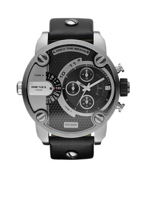 Diesel Men's Round Stainless Steel with Black Leather Strap Watch