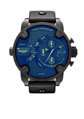 Diesel Men's Black Round Chronograph with Black Leather Strap Blue Flash Watch