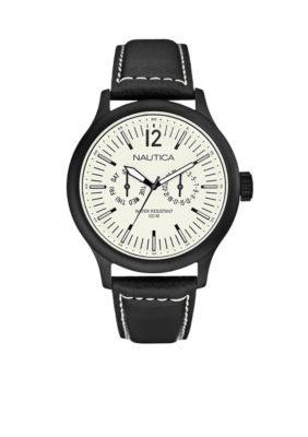 Nautica NCT 150 Multi-function Watch with Black IP Case and Black Leather Strap