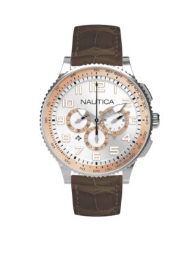 Nautica OCN 38 Chronograph with Two Tone Dial with Brown Croco Leather Strap