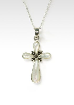 Belk Silverworks Marcasite Mother of Pearl Cross Necklace