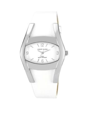 Anne Klein Silver Tone Case with White Leather Strap