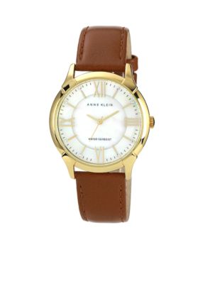 Anne Klein Gold Tone Case with Coordinating Honey Leather Strap