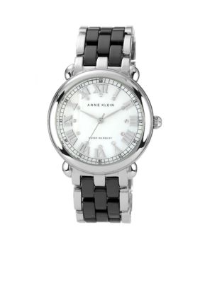 Anne Klein Silver Tone Bracelet Watch with Black Ceramic Accent 