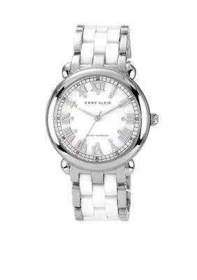 Anne Klein Silver Tone Bracelet Watch with White Ceramic Accent 
