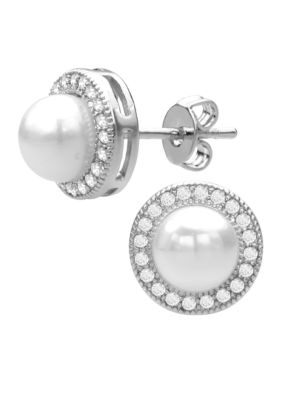 Belk Silverworks Fine Silver Plated Round Pearl Stud Earrings