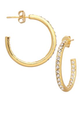 Belk Silverworks 24KT Over Fine Silver Plate 30MM Round Crystal C Hoop Earrings