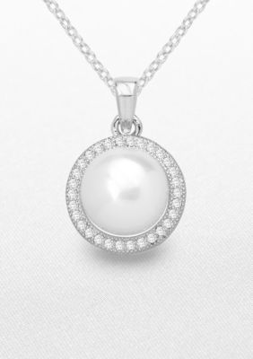 Belk Silverworks Fine Silver Plated Round Pearl and Pave Pendant