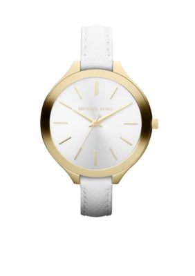 Michael Kors Mid-Size White Leather and Gold-Tone Stainless Steel Slim Runway Three-Hand Watch