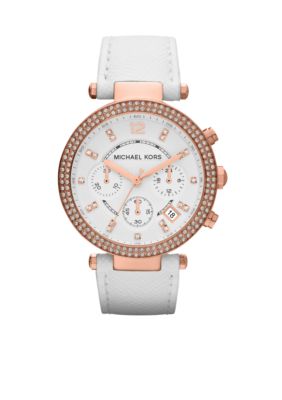 Michael Kors Mid-Size White Leather and Rose Gold-Tone Stainless Steel Parker Chronograph Glitz Watch