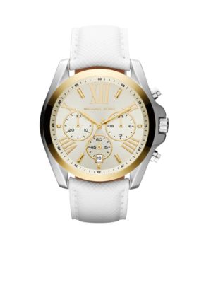Michael Kors Mid-Size Silver-Tone and Gold-Tone Stainless Steel and White Leather Mercer Chronograph Watch