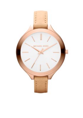 Michael Kors Mid-Size Vachetta Leather and Rose Gold-Tone Stainless Steel Slim Runway Three-Hand Watch