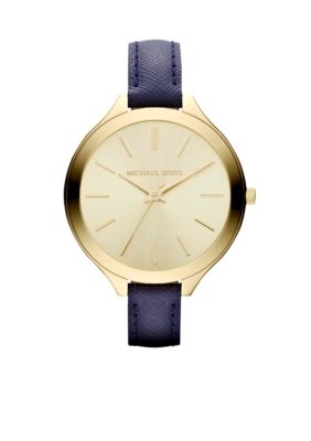 Michael Kors Ladies Gold-Tone Stainless Steel and Navy Leather Slim Runway Three-Hand Watch