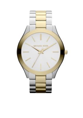 Michael Kors Mid-Size Silver-Tone and Gold-Tone Stainless Steel Slim Runway Three-Hand Watch
