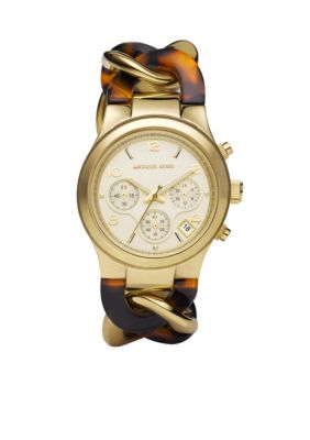 Michael Kors Mid-Size Yellow Gold Tone Stainless Steel and Tortoise Acetate Runway Watch