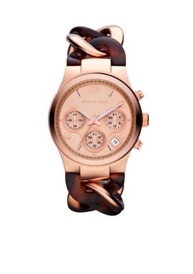 Michael Kors Mini-Size Rose Gold-Tone Stainless Steel and Tortoise Acetate Runway Chronograph Watch