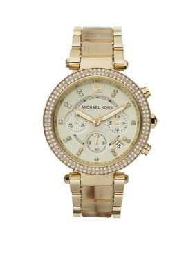 Michael Kors Mid-Size Horn Acetate and Gold Tone Stainless Steel Parker Chronograph Glitz Watch 