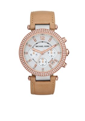 Michael Kors Mid-Size Vachetta Leather and Rose Gold and Silver Tone Stainless Steel Parker Chronograph Glitz Watch 