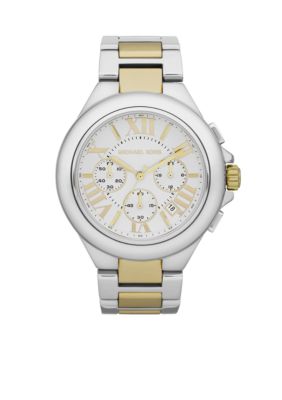 Michael Kors Mid-Size Silver and Gold Tone Stainless Steel Camille Chronograph Watch 