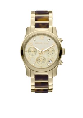 Michael Kors Mid-Size Tortoise Acetate and Gold Tone Stainless Steel Runway Chronograph Watch<br>