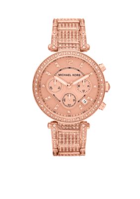 Michael Kors Mid-Size Rose Gold Tone Stainless Steel Parker Chronograph Glitz Watch