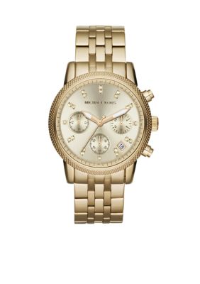 Michael Kors Mid-Size Gold Tone Stainless Steel Ritz Chronograph Glitz Watch 