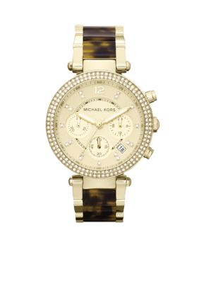 Michael Kors Mid-Size Tortoise Acetate and Gold Tone Stainless Steel Parker Chronograph Glitz Watch 