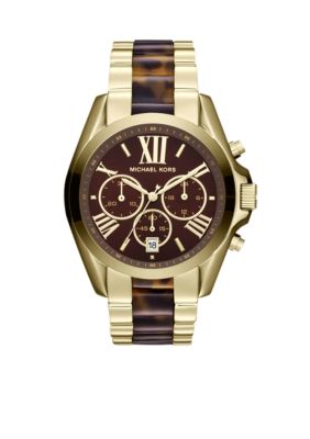 Michael Kors Mid-Size Gold Tone Stainless Steel and Tortoise Acetate Bradshaw Chronograph Watch 