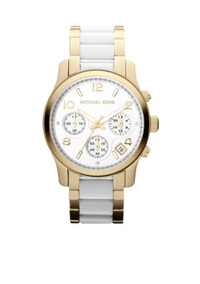 Michael Kors Mid-Size Gold-Tone Stainless Steel and White Acetate Runway Chronograph Watch