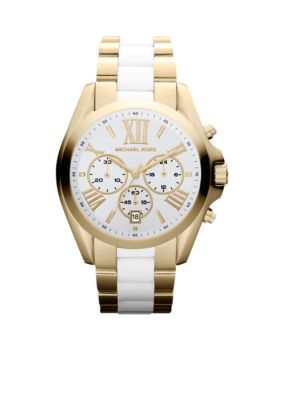Michael Kors Mid-Size Gold-Tone Stainless Steel and White Acetate Bradshaw Chronograph Watch