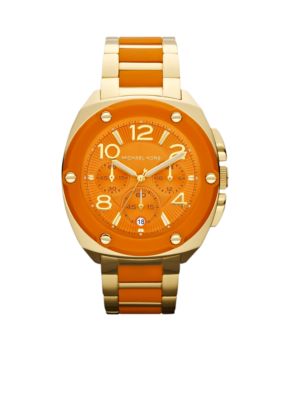 Michael Kors Ladies Gold-Tone Stainless Steel and Orange Silicone Tribeca Chronograph Watch
