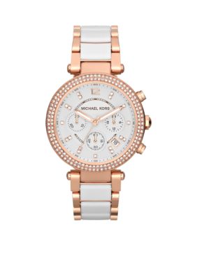 Michael Kors Mid-Size White Acetate and Rose Gold Tone Stainless Steel Parker Chronograph Glitz Watch