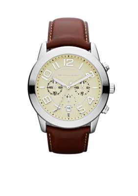 Michael Kors Men's Mahogany Leather and Silver-Tone Stainless Steel Mercer Chronograph Watch