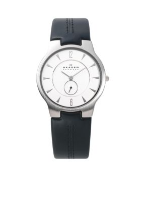 Skagen Chrome and Black Leather Watch