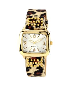 Nine West Gold Tone Modern Shape Case with Leopard Strap 