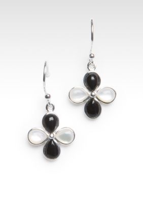 Belk Silverworks White MOP and Black Onyx Flower Drop Earrings