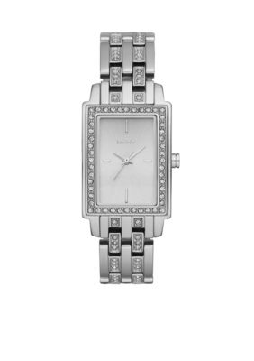 DKNY Ladies Silver Tone Stainless Steel Small Rectangular Glitz Watch