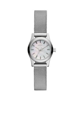 DKNY Ladies Silver Tone Broadway Round Mini Watch Mesh Bracelet