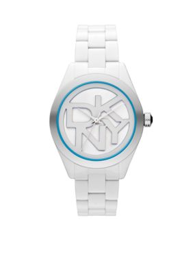 DKNY White and Blue Plastic Three-Hand Logo Watch