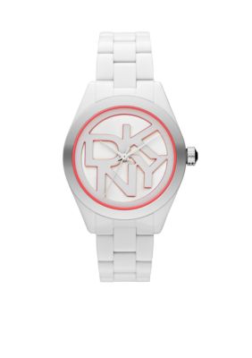 DKNY Ladies White and Coral Plastic Three-Hand Logo Watch