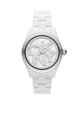 DKNY Ladies White and Black Plastic Three-Hand Logo Watch